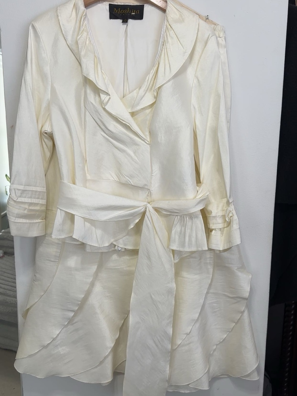 Moshita Cream Satin Tie-Waist Dress Jacket